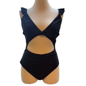 Black Ruffle One Piece Swimsuit Cutout Tummy Control Plus Size Monokini 1XL